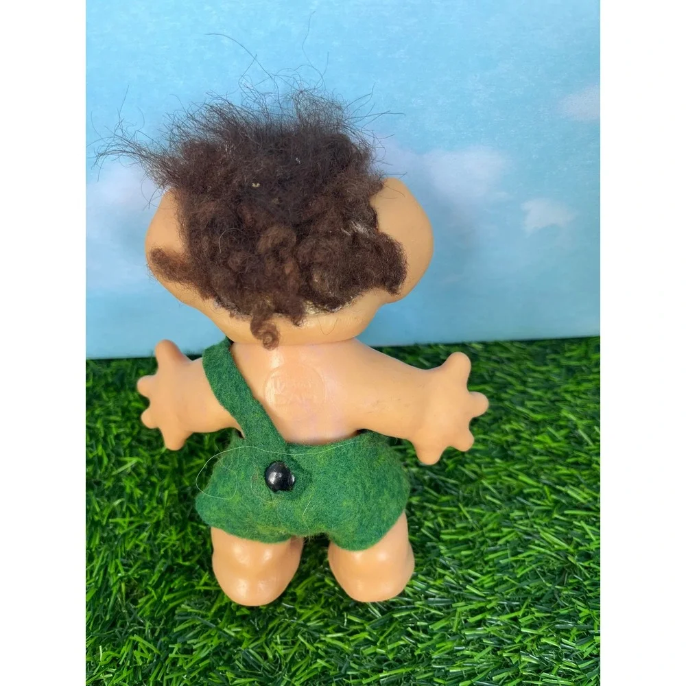 Vintage Thomas Dam Troll Doll Brown Hair Amber Eyes Green Overalls Collectible